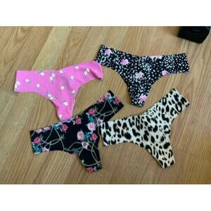 Lot x4 Victorias Secret No Show Thong Panties  Leopard Roses Floral Lemons M